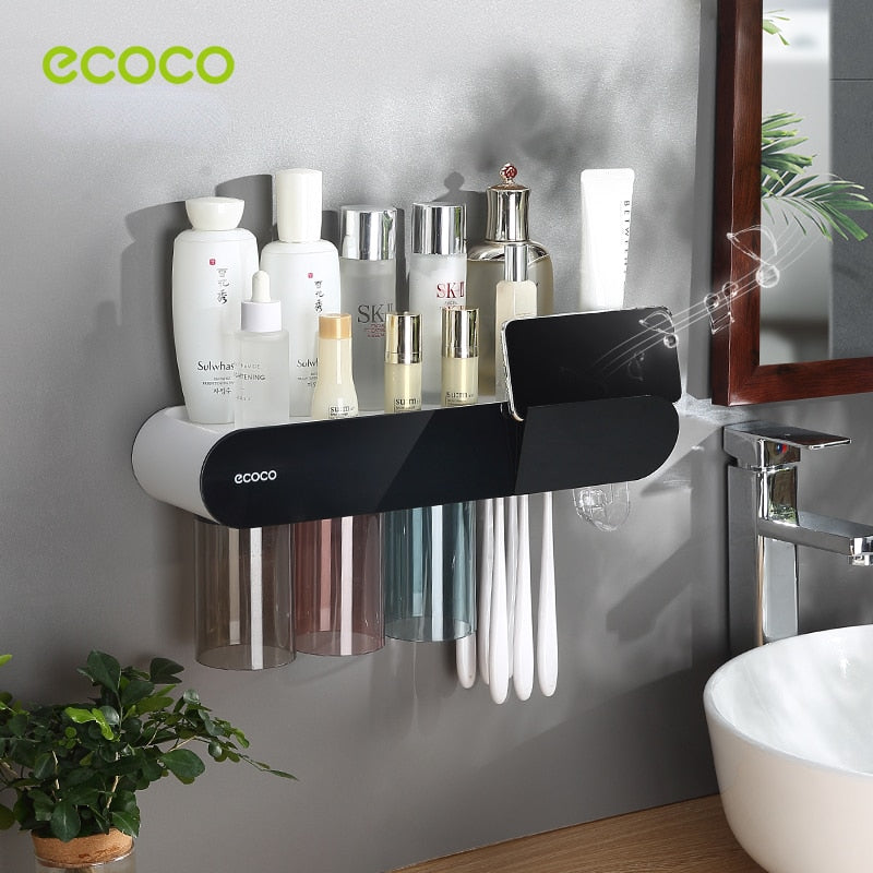 Inverted Magnetic Toothbrush Holder with Automatic Toothpaste Dispenser: Convenient storage rack for bathroom accessories.