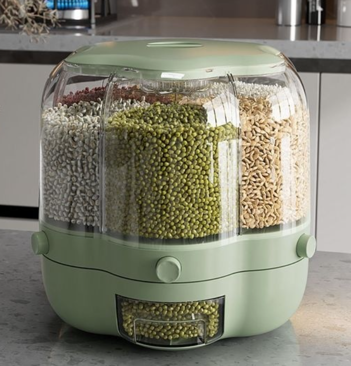 Storage container for cereals and grains, with 6 removable compartments and 360° rotation