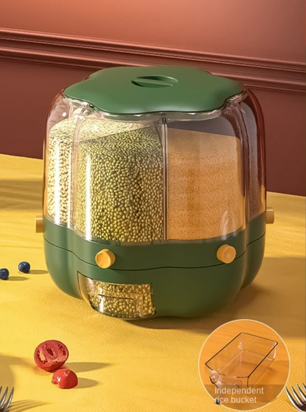 Storage container for cereals and grains, with 6 removable compartments and 360° rotation