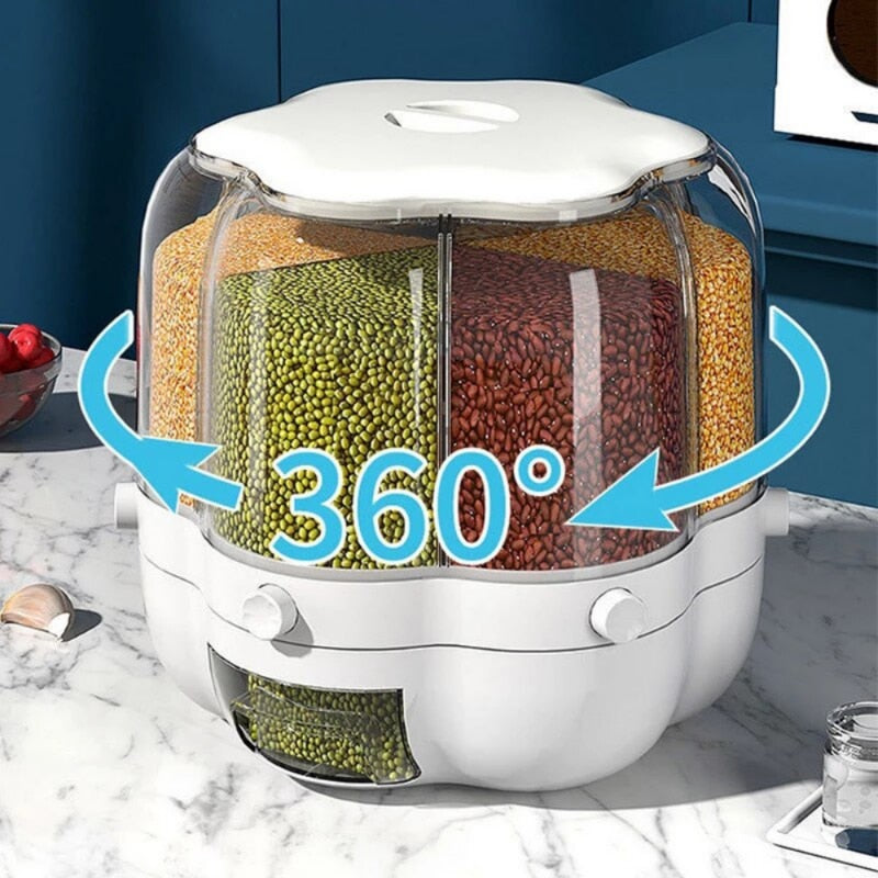 Conteneur de rangement pour céréales et grains, avec 6 compartiments amovibles et une rotation à 360°