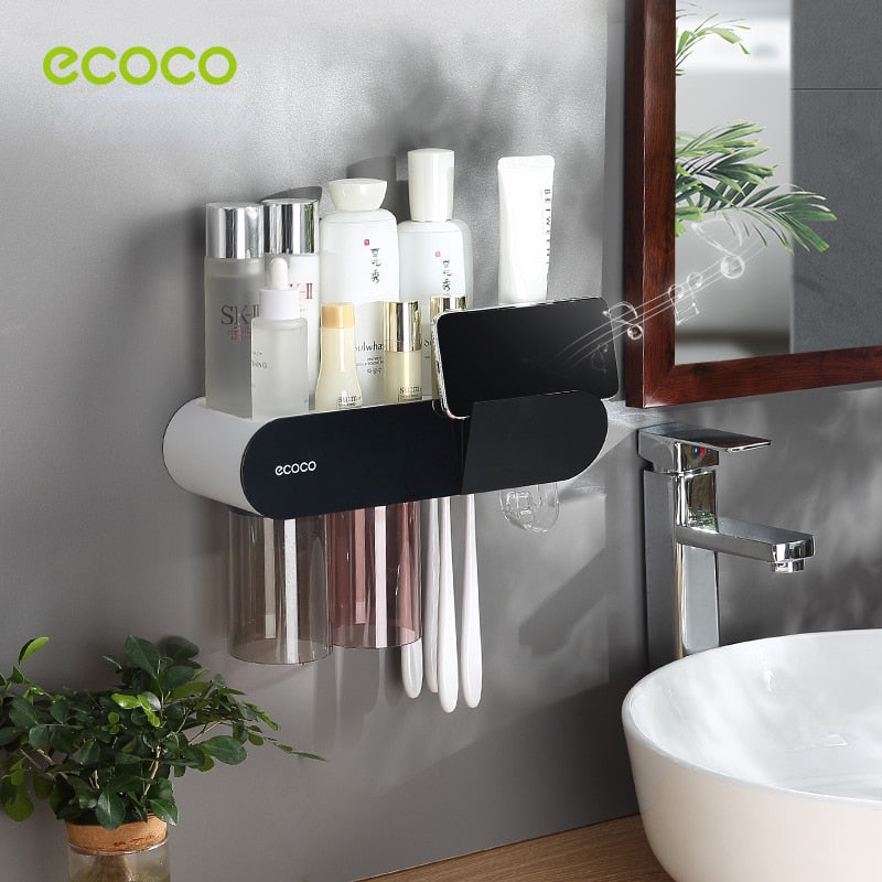 Inverted Magnetic Toothbrush Holder with Automatic Toothpaste Dispenser: Convenient storage rack for bathroom accessories.