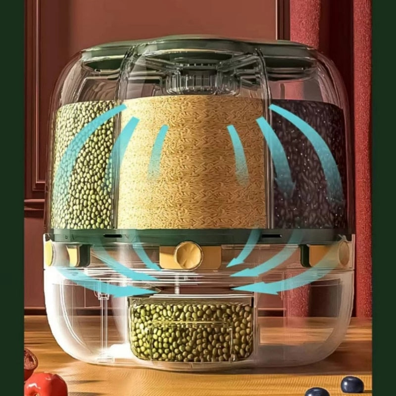 Storage container for cereals and grains, with 6 removable compartments and 360° rotation